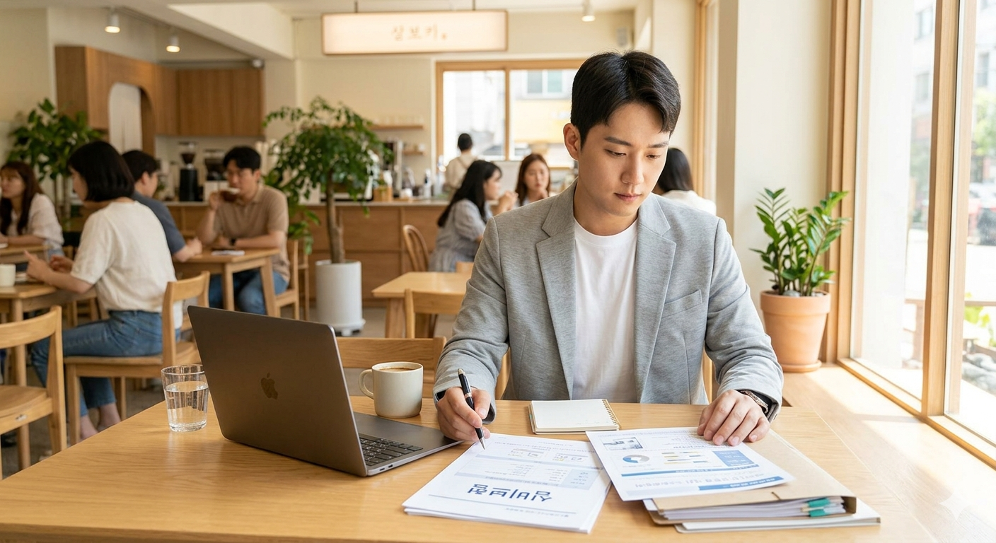 카페에서 노트북과 실손보험 안내 책자를 펼쳐놓고 수술비 특약과 진단금을 검토하는 30대 남성