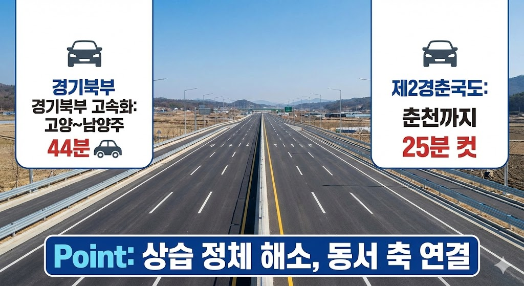 시원하게 뚫린 고속도로 사진을 배경으로, 경기북부 고속화도로와 제2경춘국도의 개통으로 인한 획기적인 이동 시간 단축 효과를 인포그래픽으로 구성했습니다. '상습 정체 해소, 동서 축 연결'이라는 핵심 포인트를 강조합니다.
