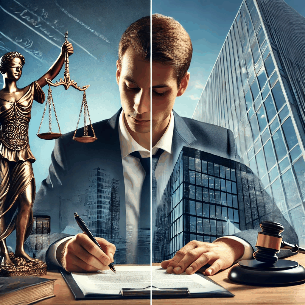비즈니스맨이 계약서에 서명하는 모습과 현대적인 회사 건물이 함께 배치되어 자연인과 법인의 개념을 시각적으로 표현한 이미지