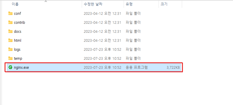 nginx.exe 응용프로그램 실행