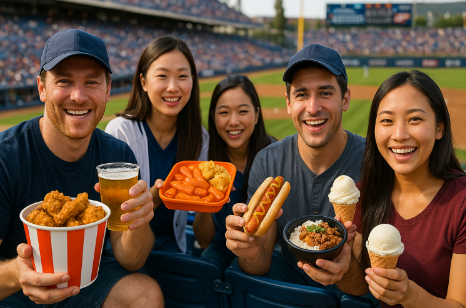 야구장에서 다양한 음식을 든 팬들의 모습