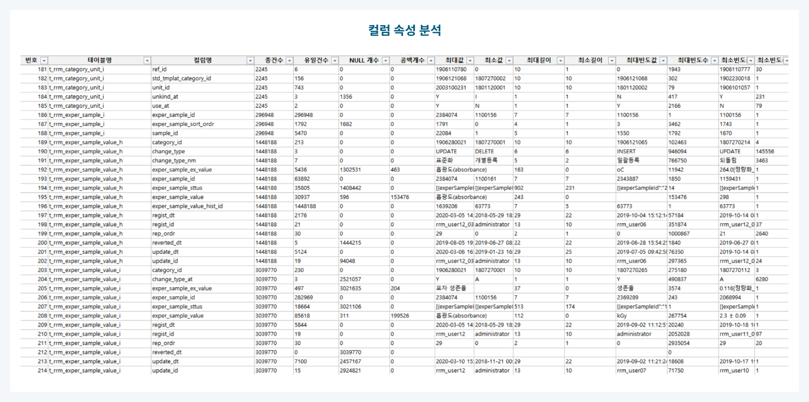 컬럼 속성 분석 산출물