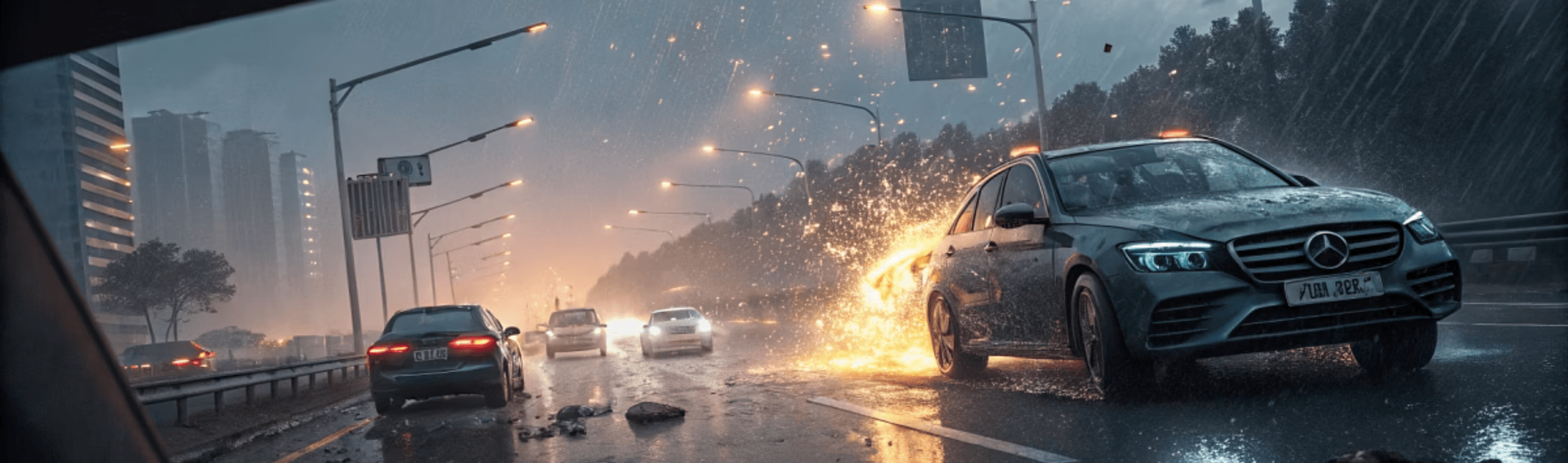 비가 오는 도로위에 와이퍼의 안전성을 표현하는 이미지