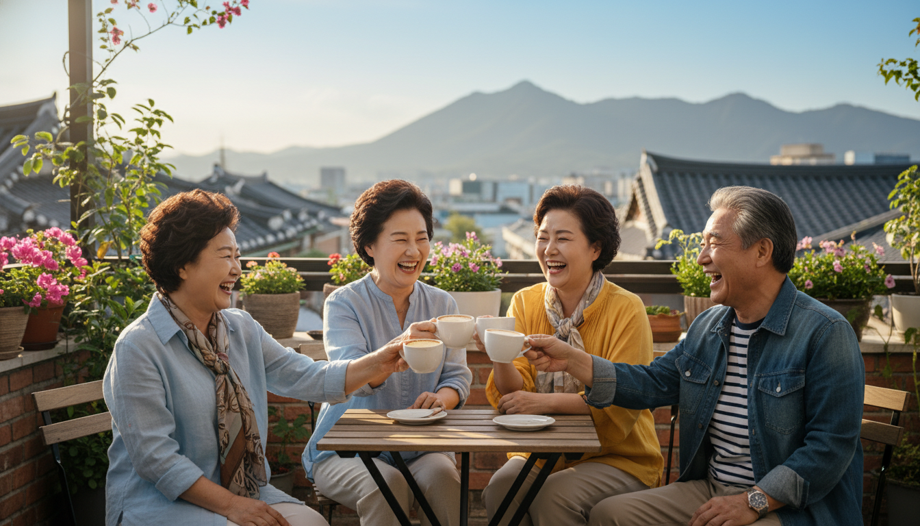 햇살이 비치는 야외 테라스 카페에서 커피잔을 들고 활짝 웃으며 대화하는 60대 한국인 액티브 시니어 친구들 무리, 따뜻하고 여유로운 분위기, 시네마틱 조명.