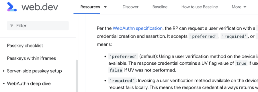 web.dev 문서의 userVerification 값 설명: preferred(기본값)는 사용자 확인을 건너뛸 수 있고, required는 반드시 사용자 확인을 거치며, discouraged는 권하지 않는다