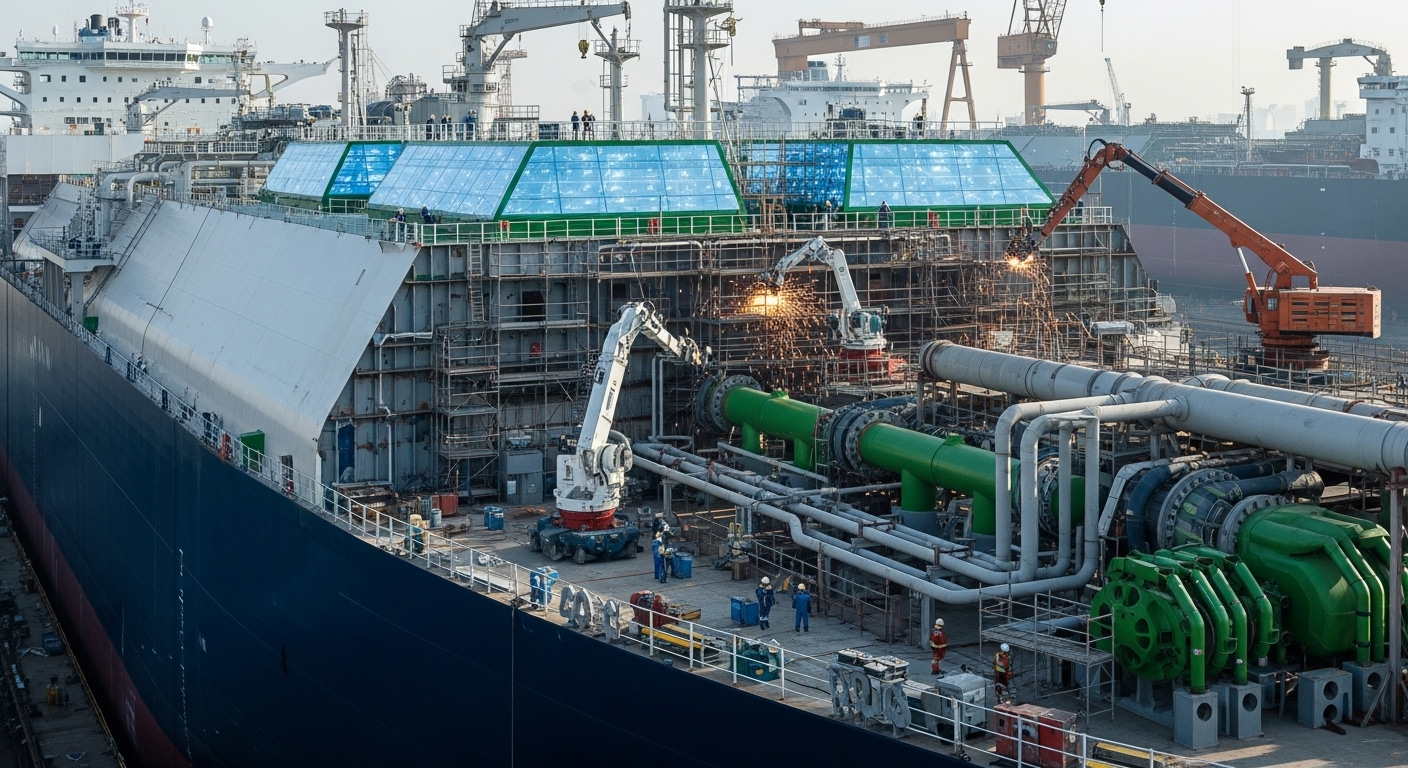 친환경 기술이 적용된 미래형 LNG 운반선이 한국 조선소에서 건조되는 모습.