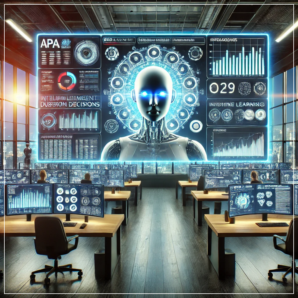 AI가 운영하는 첨단 통제실에서 지능형 RPA가 자율적으로 비즈니스 결정을 수행하고 있는 모습