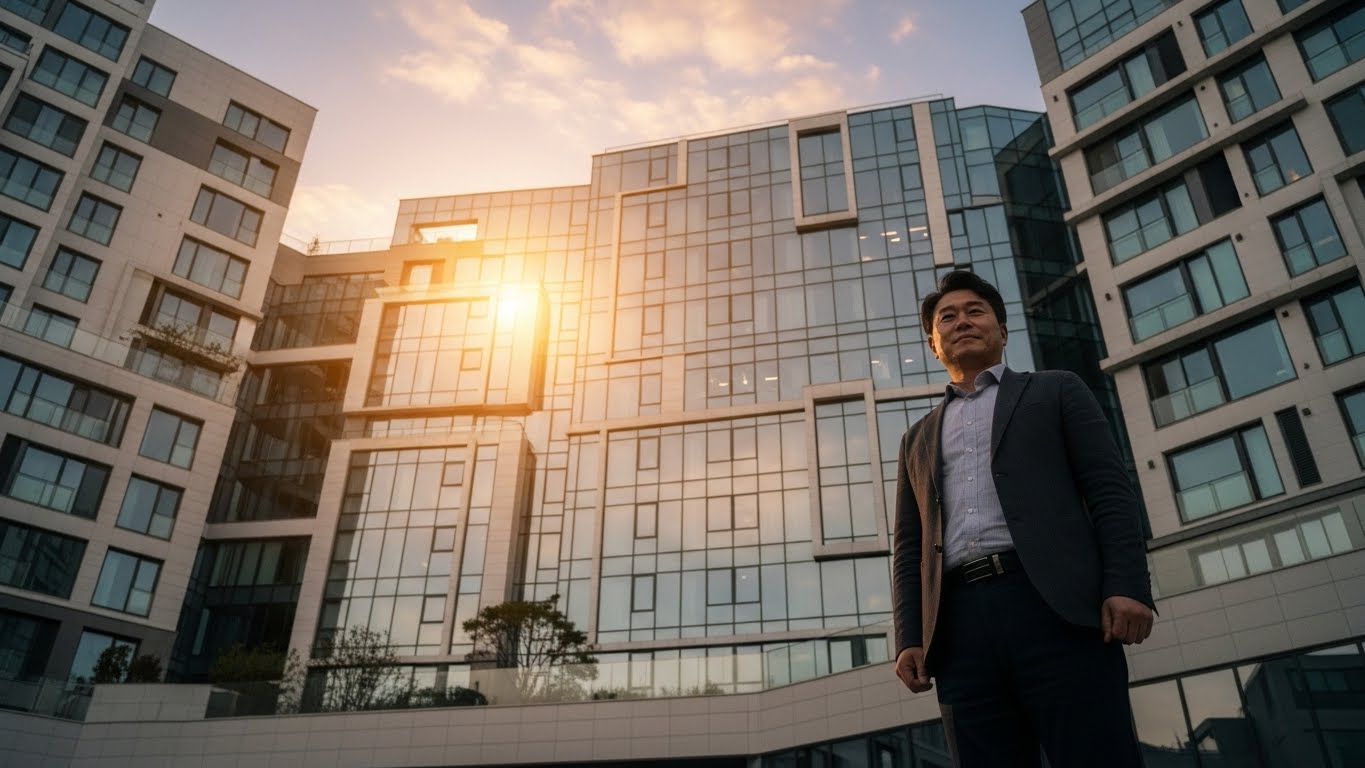 성공적인 주거 정착을 이룬 한국인 리더가 자신의 보금자리 앞에서 자신감 있게 서 있는 모습