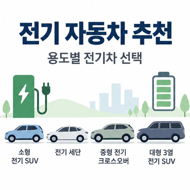 전기 자동차 추천 문구와 소형 SUV 세단 중형 크로스오버 대형 3열 SUV 전기차를 함께 보여주는 대표 인포그래픽