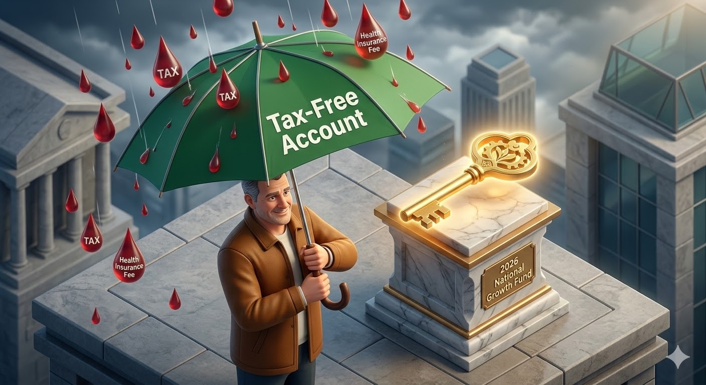 쏟아지는 세금 폭탄 비를 '절세 계좌'라는 튼튼한 우산으로 막아내는 아빠의 모습. 그 옆에는 황금빛으로 빛나는 '2026 국민성장펀드' 열쇠가 놓여 있는 3D 일러스트