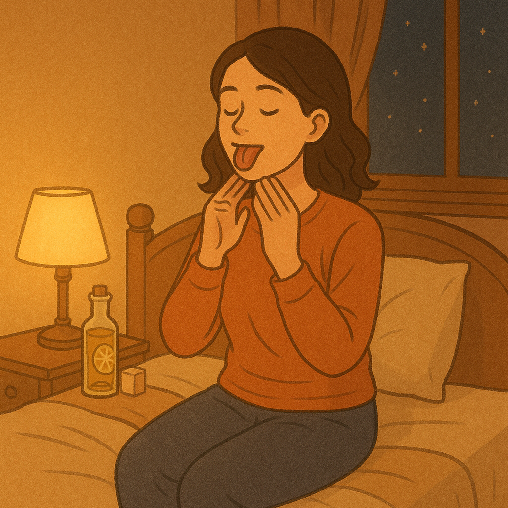 잘 자리에 혀 스트레칭하는 여성의 모습