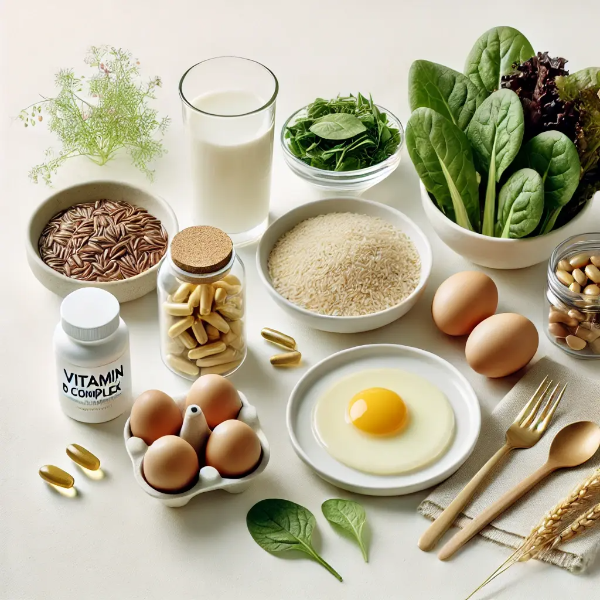 비타민 B 복합체와 달걀, 현미, 채소 등이 정돈된 피부 건강 식단 이미지