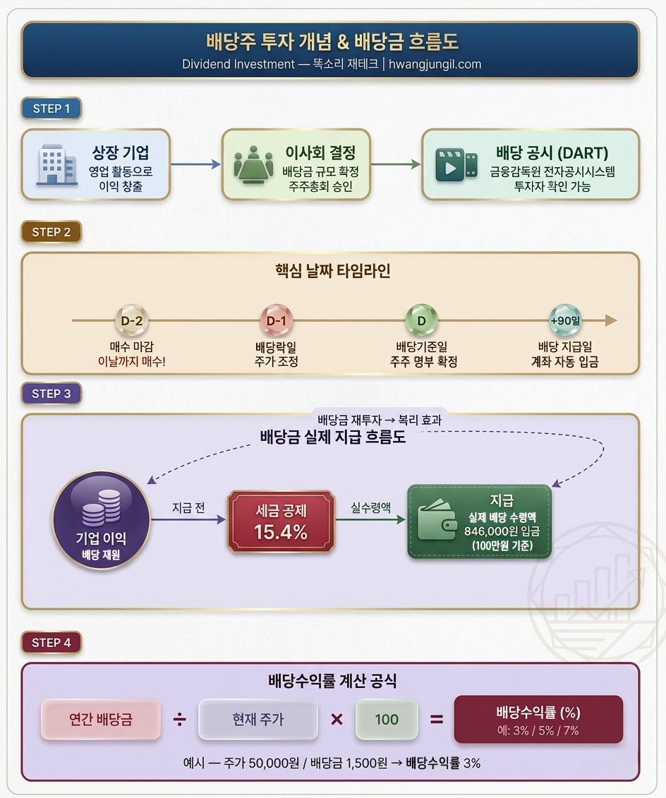 배당주 투자 개념과 배당금 받는 흐름을 설명하는 인포그래픽