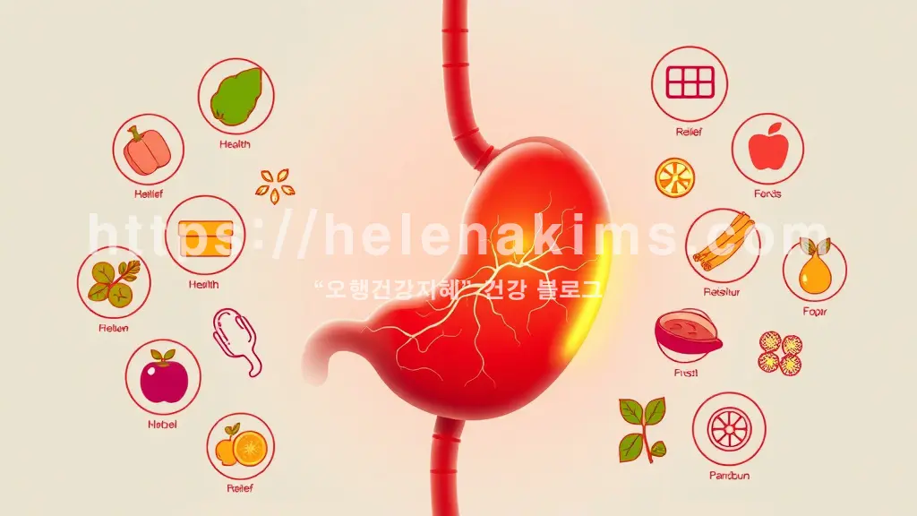 속쓰림을 상징하는 붉은 위, 위산과다와 소화불량을 해소하는 건강한 식재료(채소, 허브) 아이콘이 편안함과 회복을 상징하는 빛과 함께 위를 감싸는 모습.