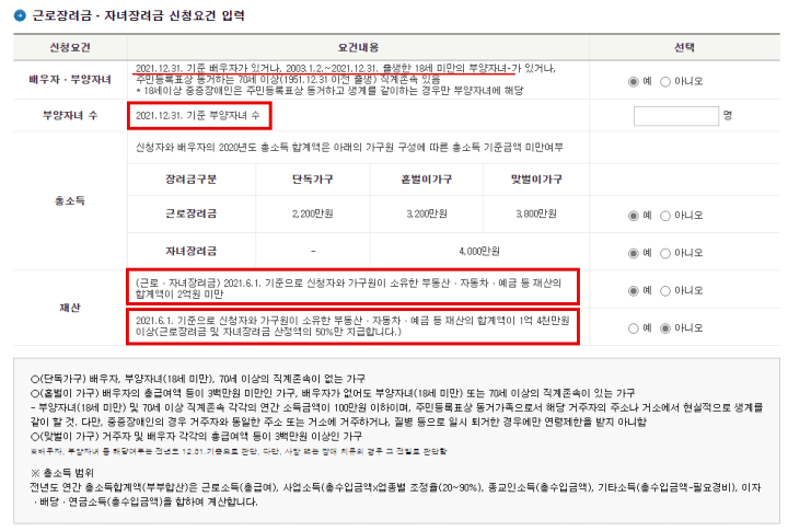 근로장려금계산해보기-신청요건입력