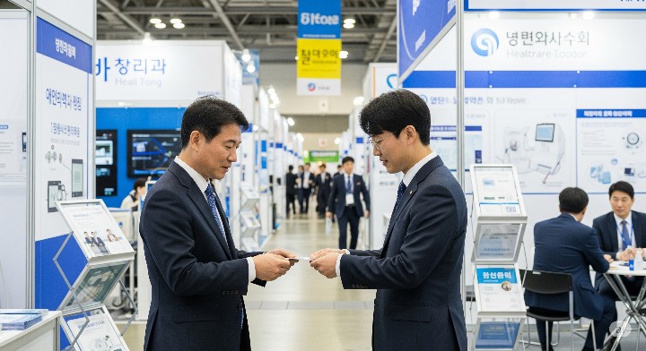 헬스케어 박람회에서 명함을 주고받는 비즈니스맨들
