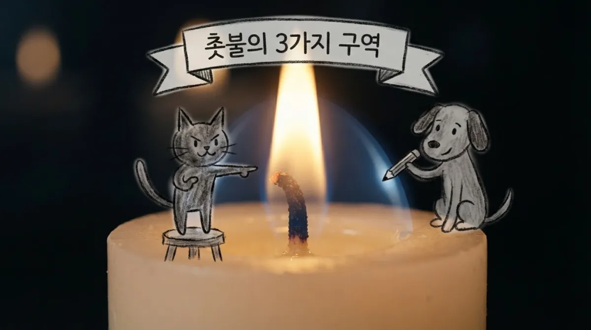 촛불의 불꽃심, 속불꽃, 겉불꽃 구조와 구역별 온도 차이를 나타낸 도해