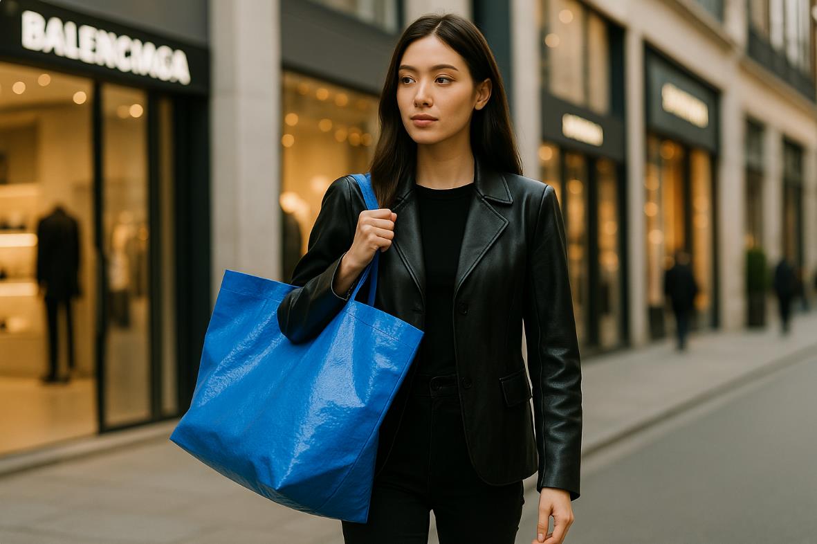 IKEA풍 블루 쇼퍼백 을 들고 있는 여성 모습