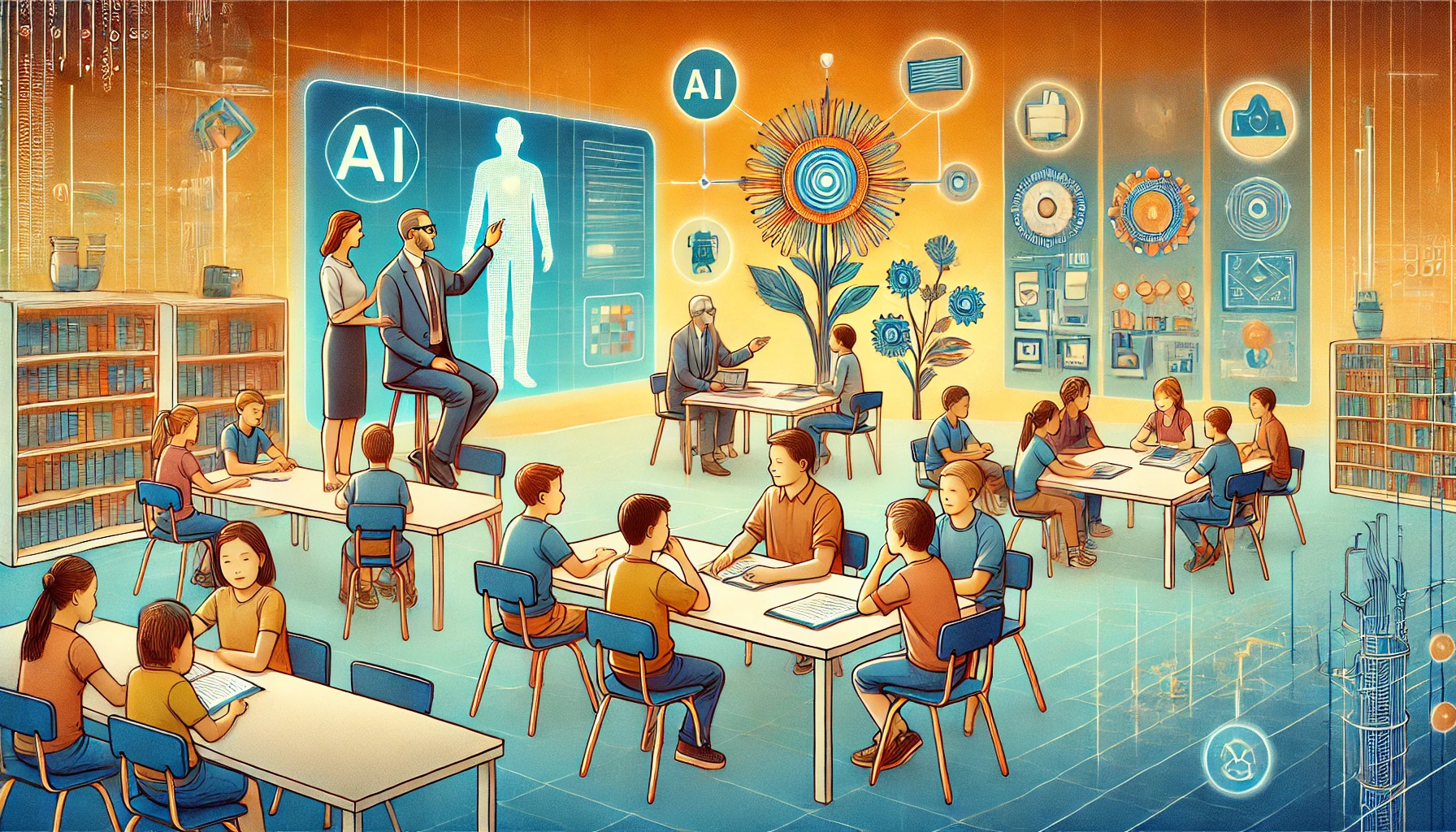 AI 시대의 교사 역할에서 인성적 측면을 강조한 그림