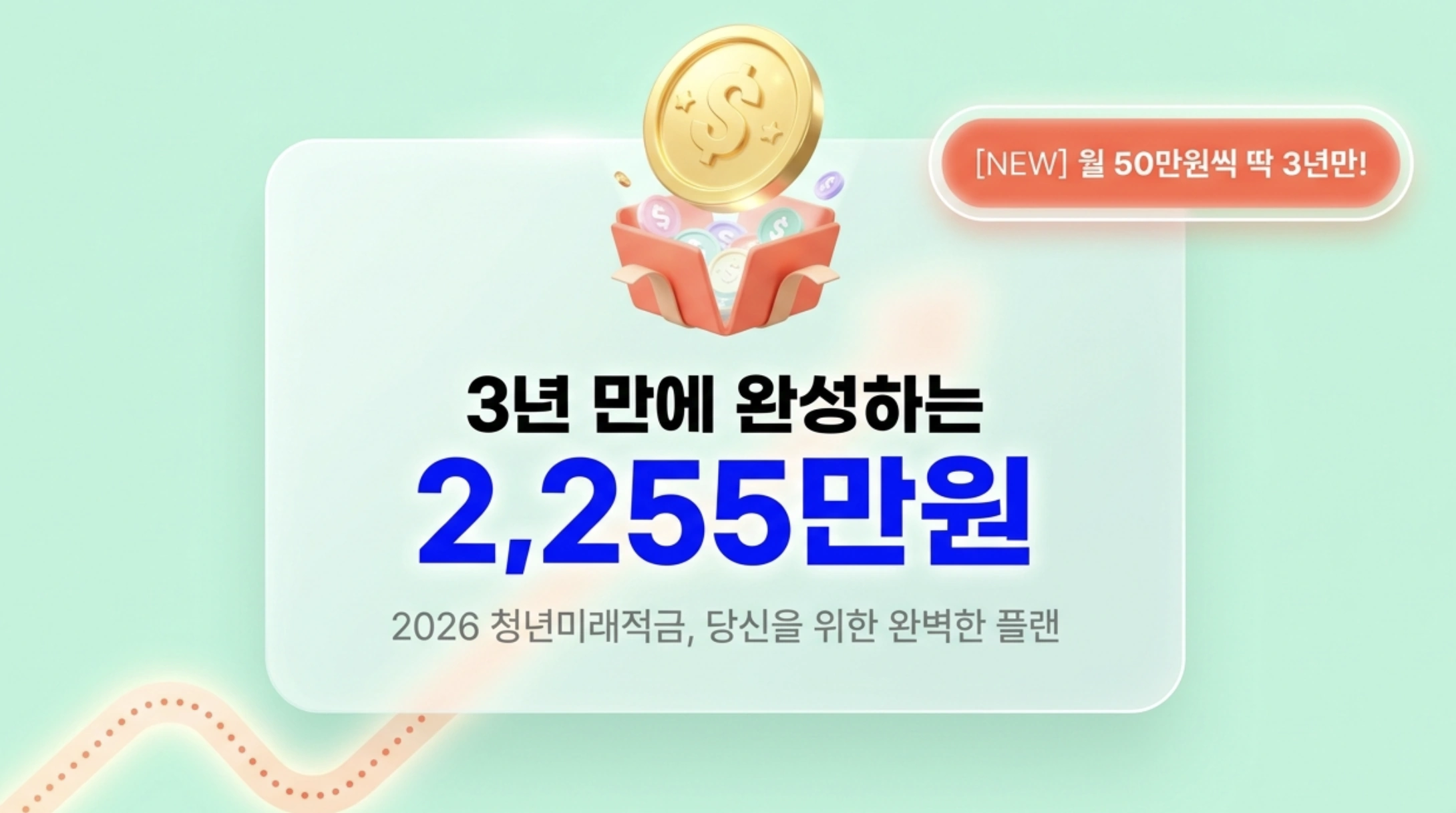 청년미래적금 신청기간: 3년 만에 2,255만원을 완성하는 2026 청년미래적금을 안내하는 대표 이미지. 동전이 가득 담긴 지갑 일러스트와 함께 월 50만원씩 3년 납입 시 우대형 기준 최대 2,255만원을 모을 수 있다는 핵심 혜택을 담았다. 청년미래적금 신청기간과 가입조건 일반형 우대형 차이 갈아타기까지 정리한 블로그 글의 주제를 시각적으로 전달하는 썸네일이다.