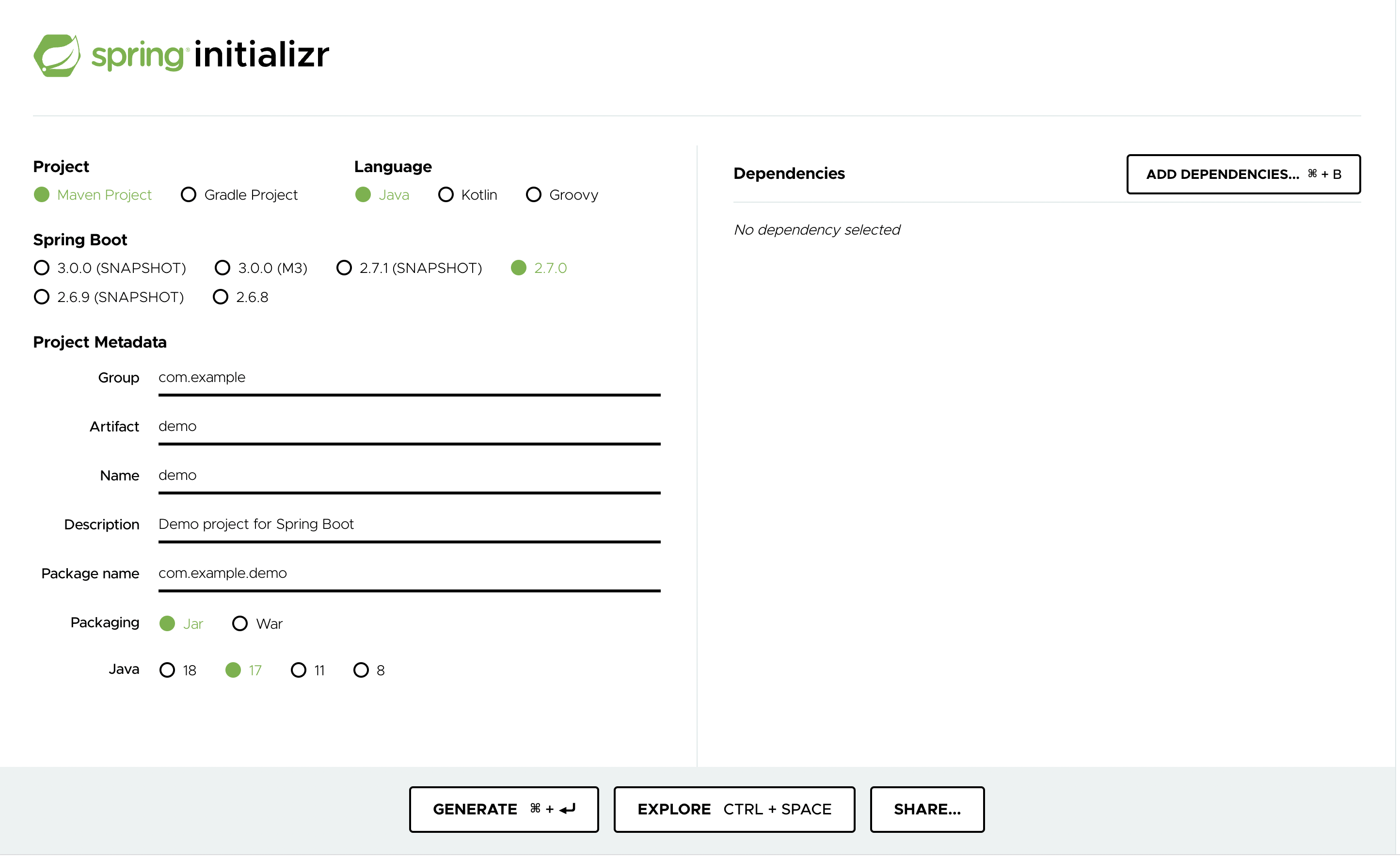 Spring Initializr 사이트에서 스프링 프로젝트 생성 화면 - Gradle, Java, 버전, Group, Artifact, Dependencies 설정 옵션
