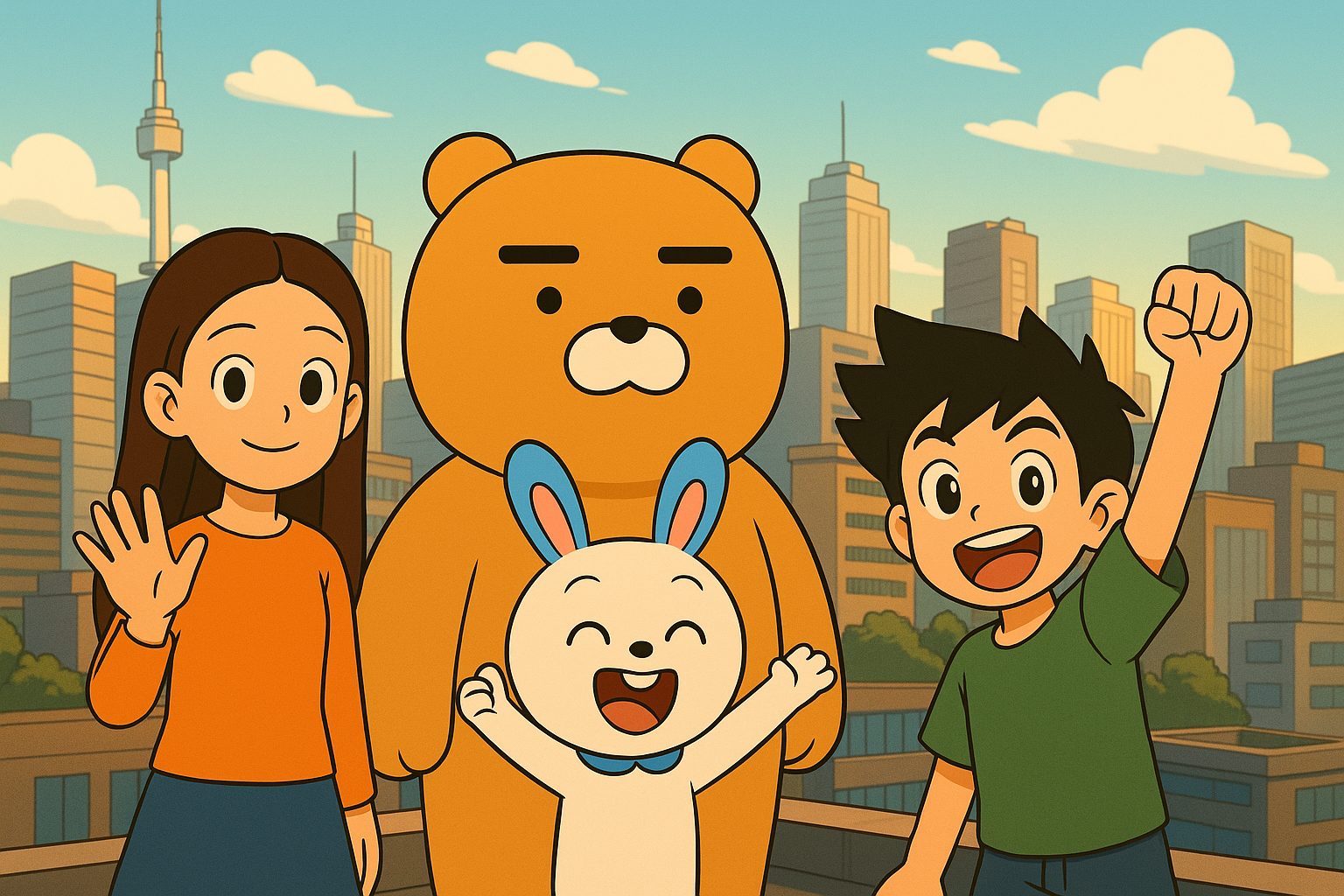 한국 애니메이션 캐릭터들이 도시 배경 위에 등장하는 장면