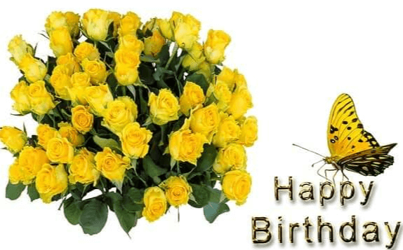 노란 장미꽃 한아름이 왼쪽에 있고 오른쪽엔 노랑나비 한 마리와 영문자로 해피버스데이라고 쓰여있다.