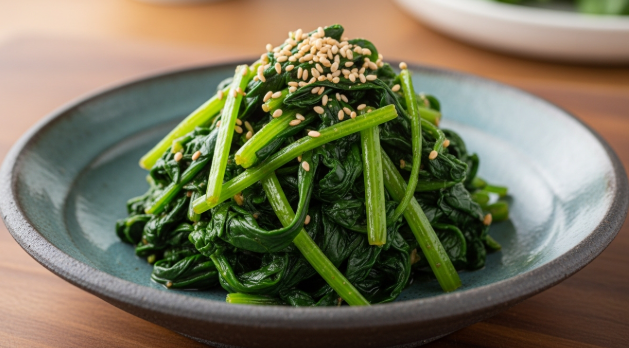 윤기가 흐르는 시금치나물무침이 예쁜 그릇에 소담하게 담겨있다