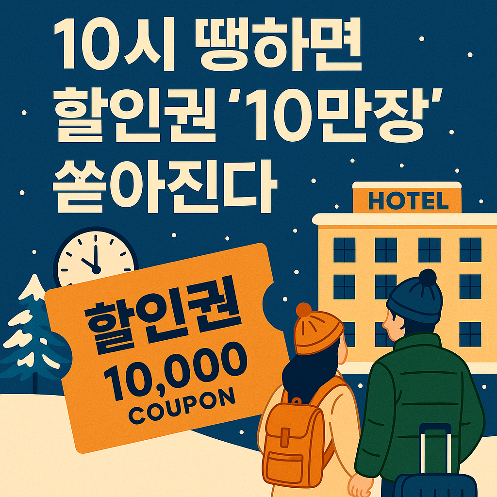 “오전 10시에 풀리는 숙박 할인권 안내 이미지와 겨울 여행·호텔 콘셉트 일러스트”