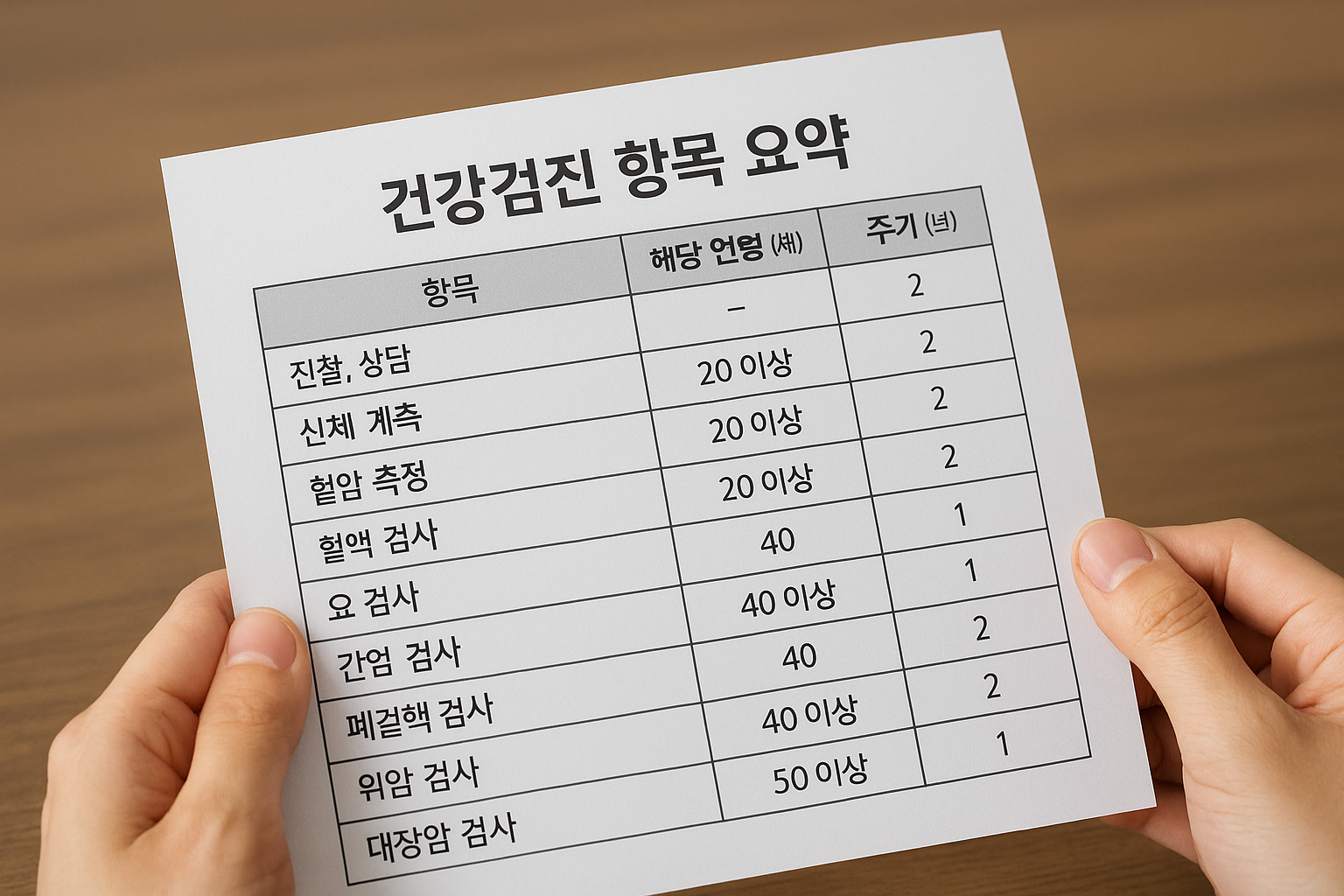 건강검진 항목이 정리된 표를 보고 있는 장면