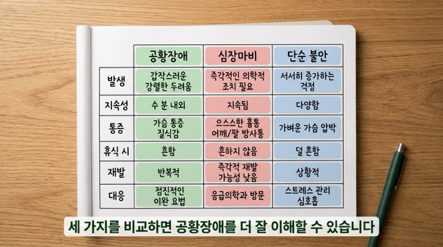 공황장애 심장마비 단순불안 발생 지속 통증 안정 반복 대응 비교