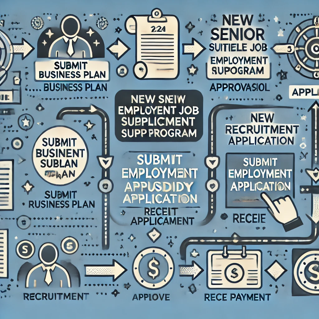 신중년 적합직무 고용지원의 신청 절차를 설명하는 단계별 다이어그램