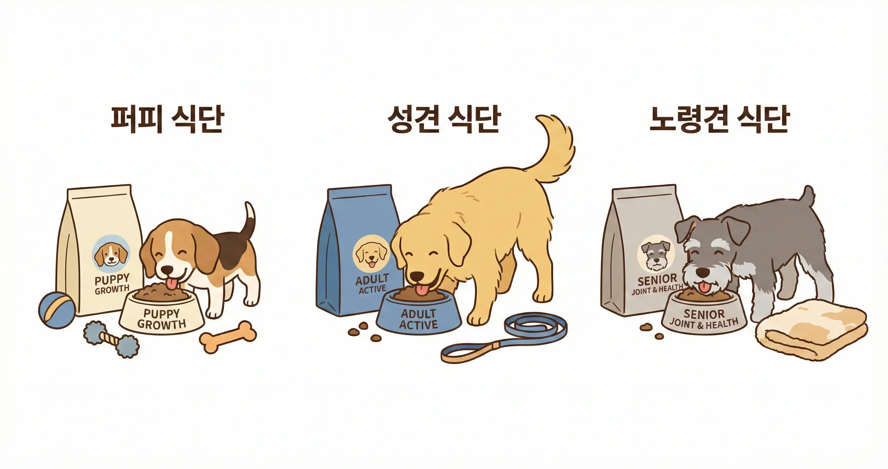 강아지 성장 단계(퍼피, 성견, 노령견)별 맞춤 사료와 행복한 식사 모습