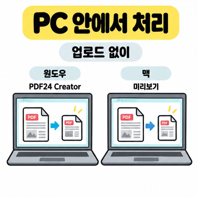 윈도우의 PDF24 Creator와 맥의 미리보기에서 업로드 없이 문서를 압축하는 모습을 노트북 화면 안에 나란히 표현한 그림