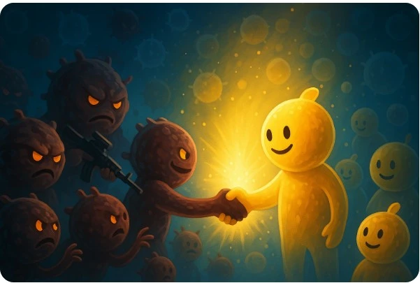 어두운 암세포가 밝은 세포로 변하며 협상하는 듯한 모습