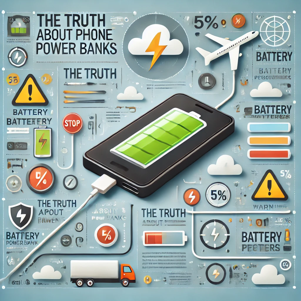 "휴대폰 보조배터리의 진실"을 주제로 한 인포그래픽 스타일의 이미지