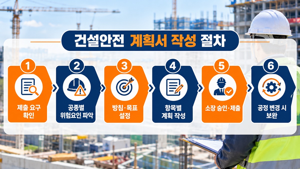 요구사항 확인부터 현장소장 승인과 제출, 공정 변경 시 보완까지 안전보건관리계획서 작성 6단계를 순서대로 나타낸 흐름도