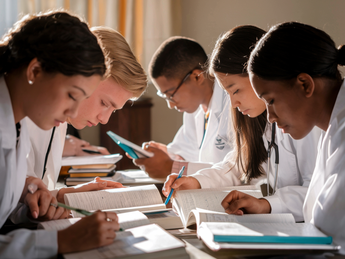 의대생들이 모여서 책 읽으며 학습하는 모습