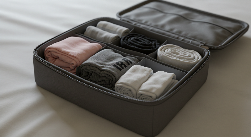 칸막이 파우치에 위생적으로 정리된 속옷과 양말