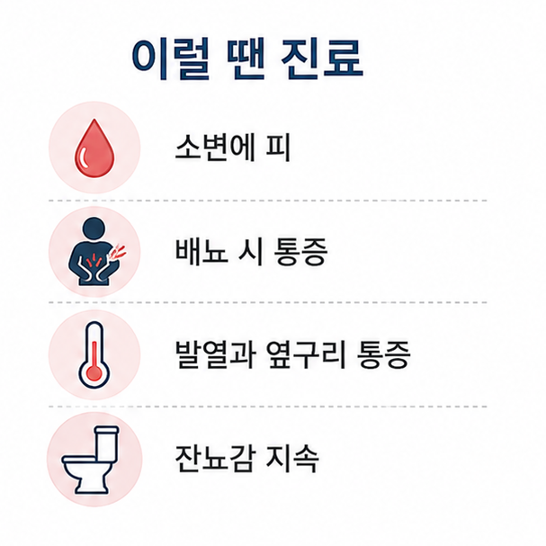 배뇨 관련 진료가 필요한 신호, 혈뇨와 배뇨통, 발열과 옆구리 통증, 잔뇨감을 정리한 체크리스트