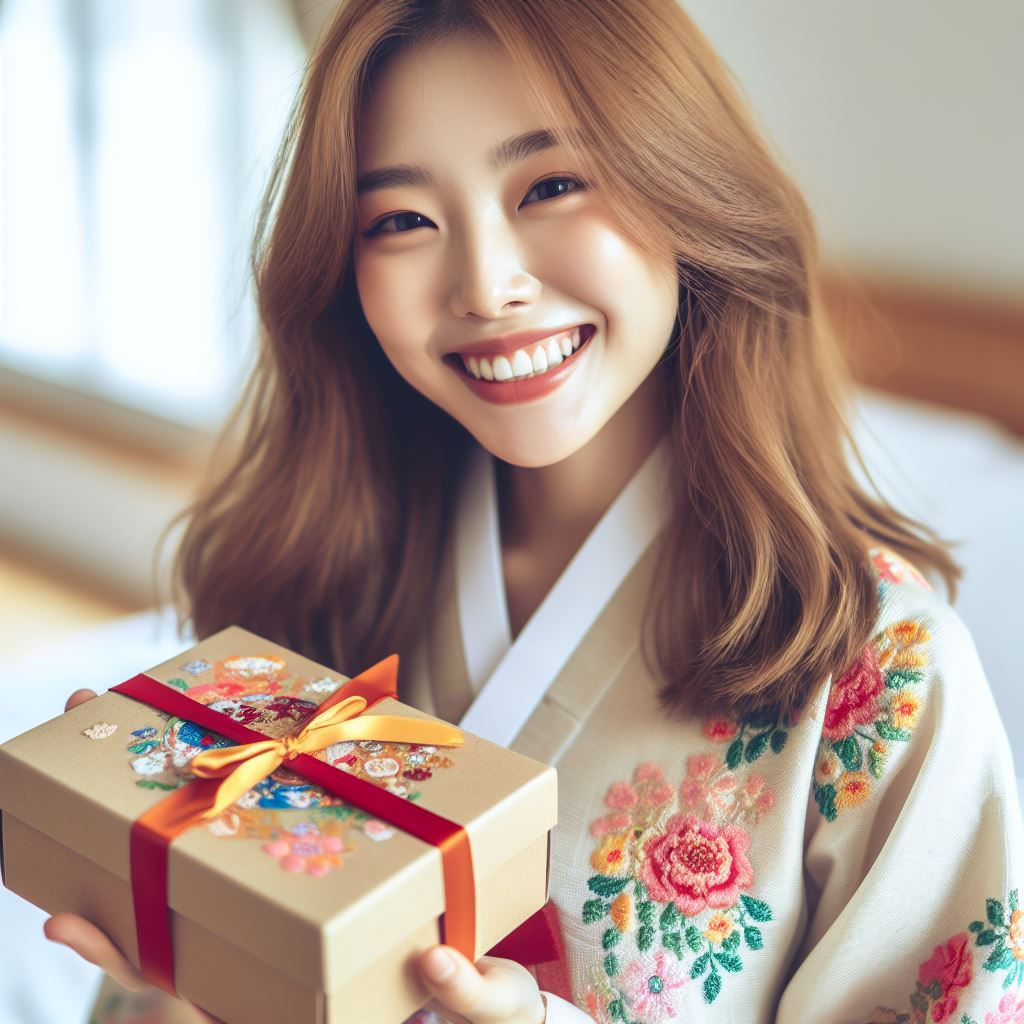 외국인 미녀가 한복을 입고 선물을 받고 기뻐하고 있다.