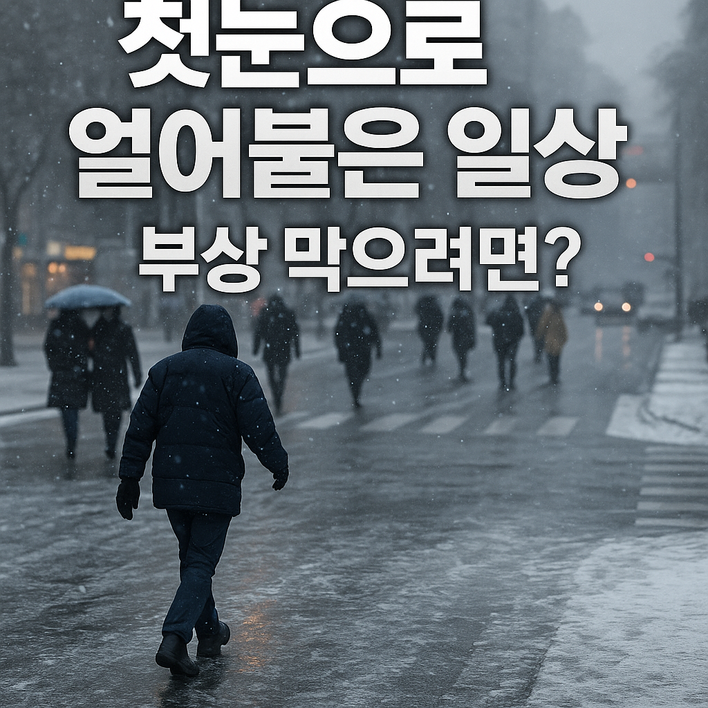 &ldquo;첫눈으로 도로가 얼어붙은 상황에서 시민들이 미끄러운 길을 조심해 걸어가는 모습을 담은 겨울 안전 뉴스형 썸네일 이미지&rdquo;