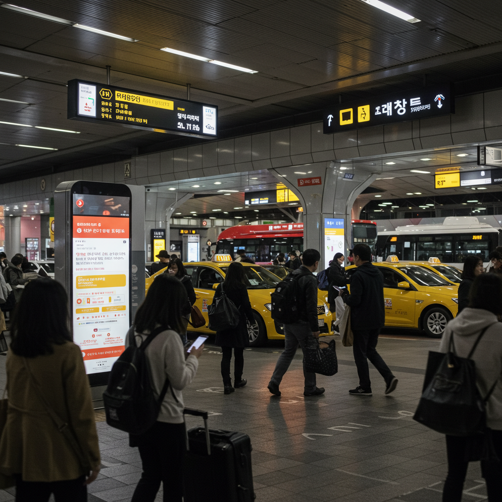 한국 버스터미널에서 스마트폰으로 급하게 교통편을 예매하거나 택시를 호출하는 사람들