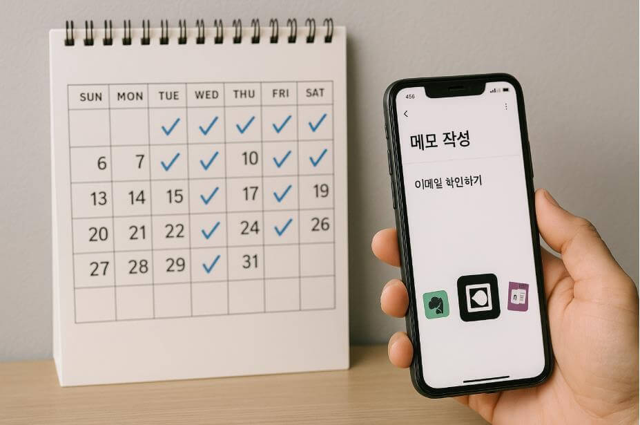 달력 앞에서 스마트폰으로 메모 작성 및 관리