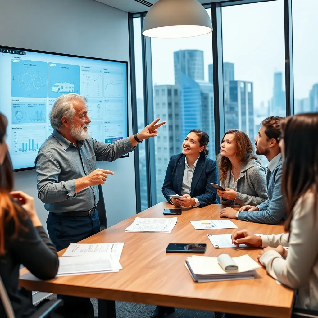 회의실에서 나이 든 기술자가 젊은 직원들에게 노하우를 전달하거나, 중요한 문서를 함께 검토하는 모습.