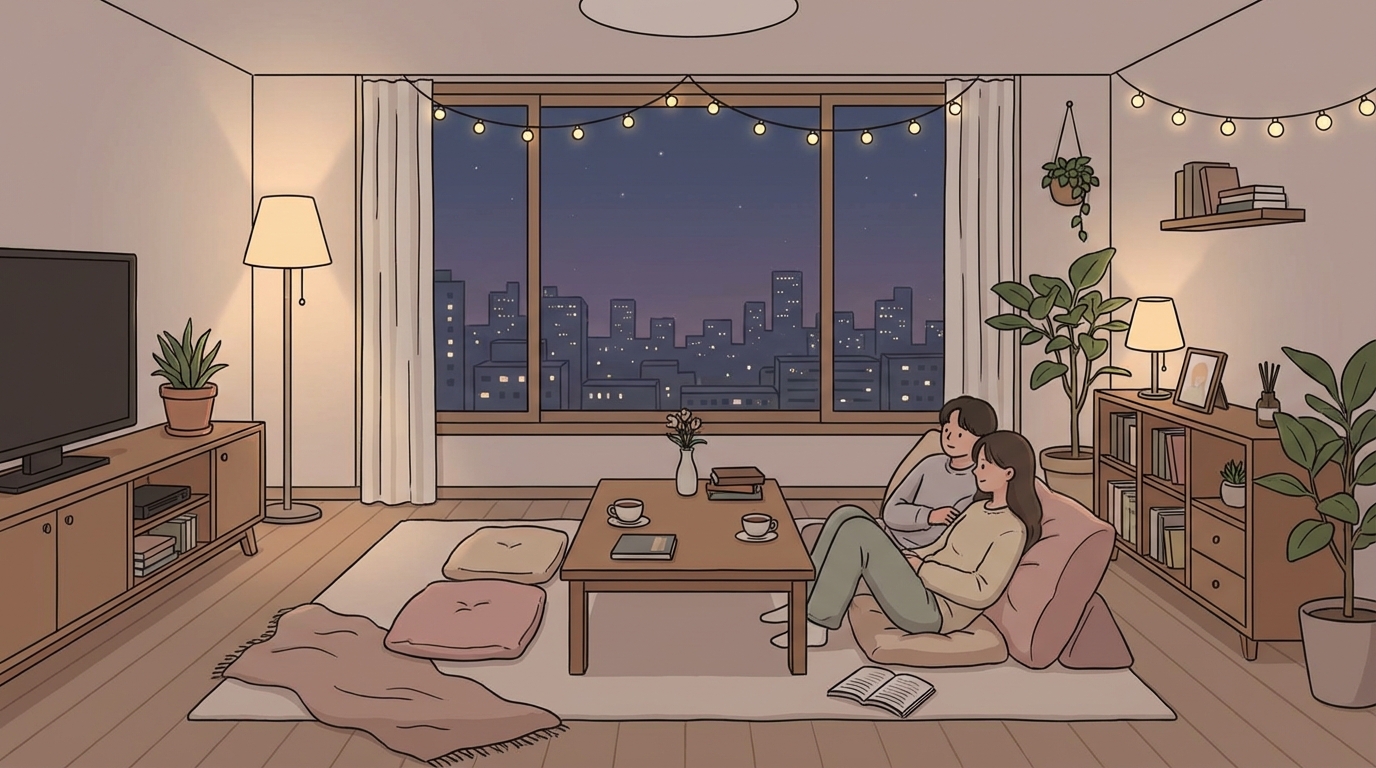 저녁 식사 후 고요한 거실의 따뜻한 분위기