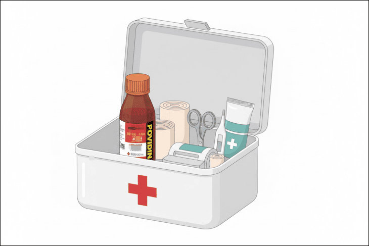 응급처치함에-붕대와-포비돈-제품이-담겨있다.