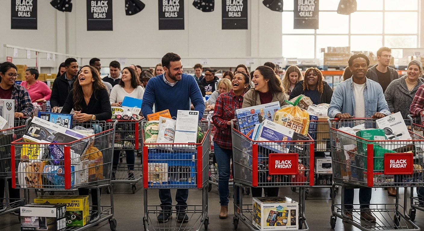 2025년 11월 코스트코 블랙프라이데이 및 코리아세일페스타 기간, 다양한 쇼핑을 즐기는 활기찬 고객들.