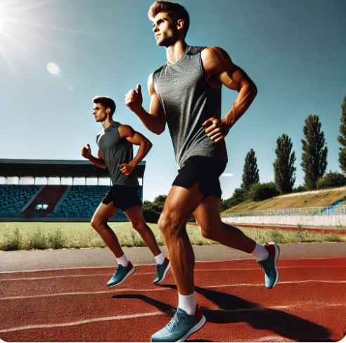 트랙에서 런닝을 하고 있는 남자를 보여주는 사진