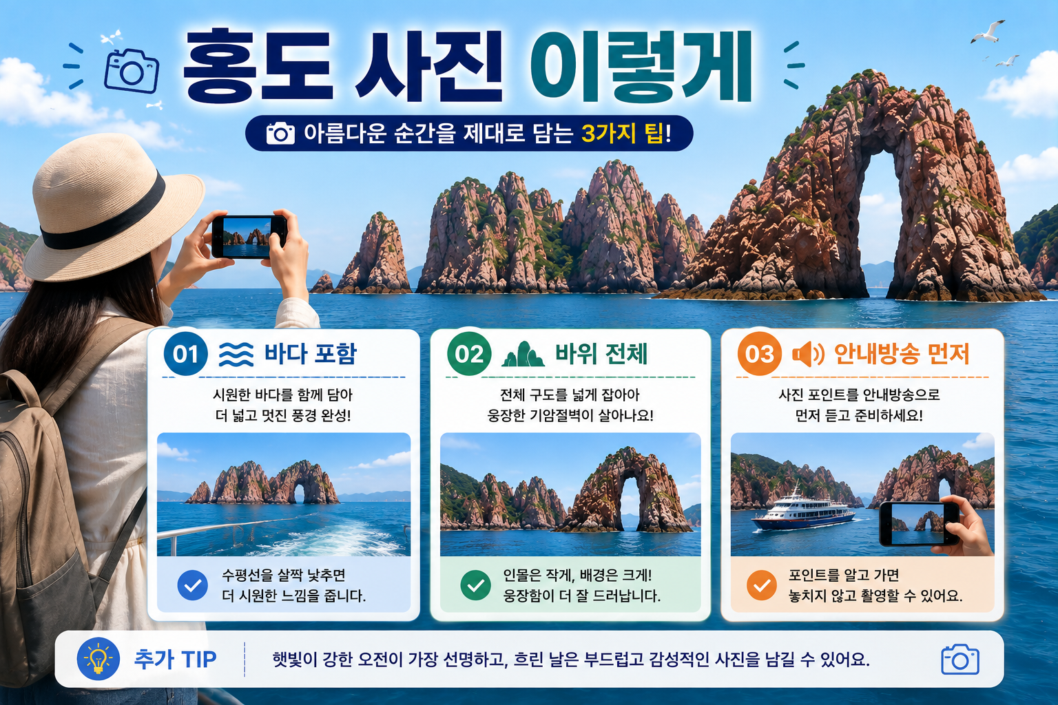 홍도 유람선에서 기암절벽과 독립문바위를 촬영하는 사진 팁 이미지